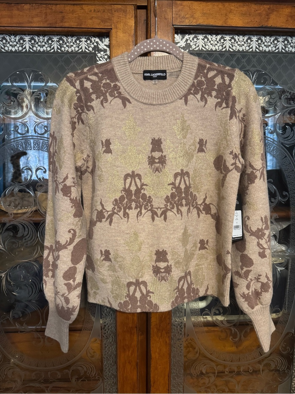 Karl Lagerfeld Beige & Brown Floral Crewneck Sweater NWT